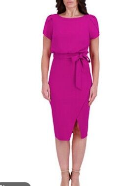 Elegant Fuchsia Sheath Dress with Waist Tie #99#